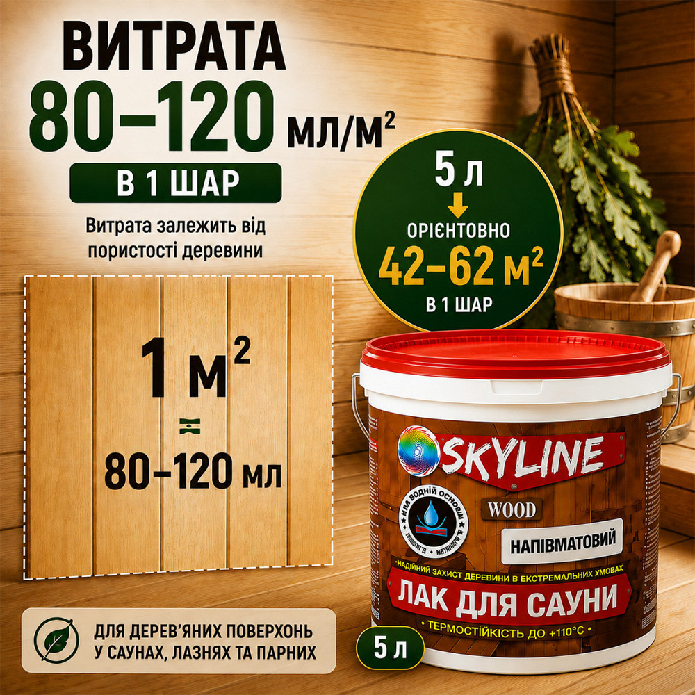 Лак для сауны SkyLine WOOD 5 л — акриловый полуматовый лак для дерева, прозрачный, без запаха, термостойкий до +110°C Харьков - изображение 8