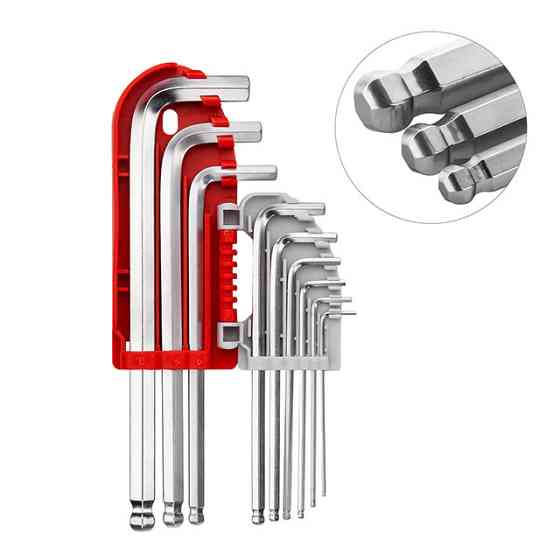 Набор ключей Г-образных шестигранных, с шарообразным наконечником, 9 шт., 1,5-10 мм, S2, профессиональные INTERTOOL HT-1813 Киев