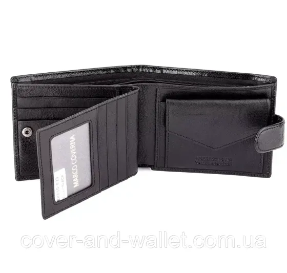 Горизонтальный мужской кошелек из высококачественной кожи черного цвета на кнопке Marco Coverna BK 010-823 Киев