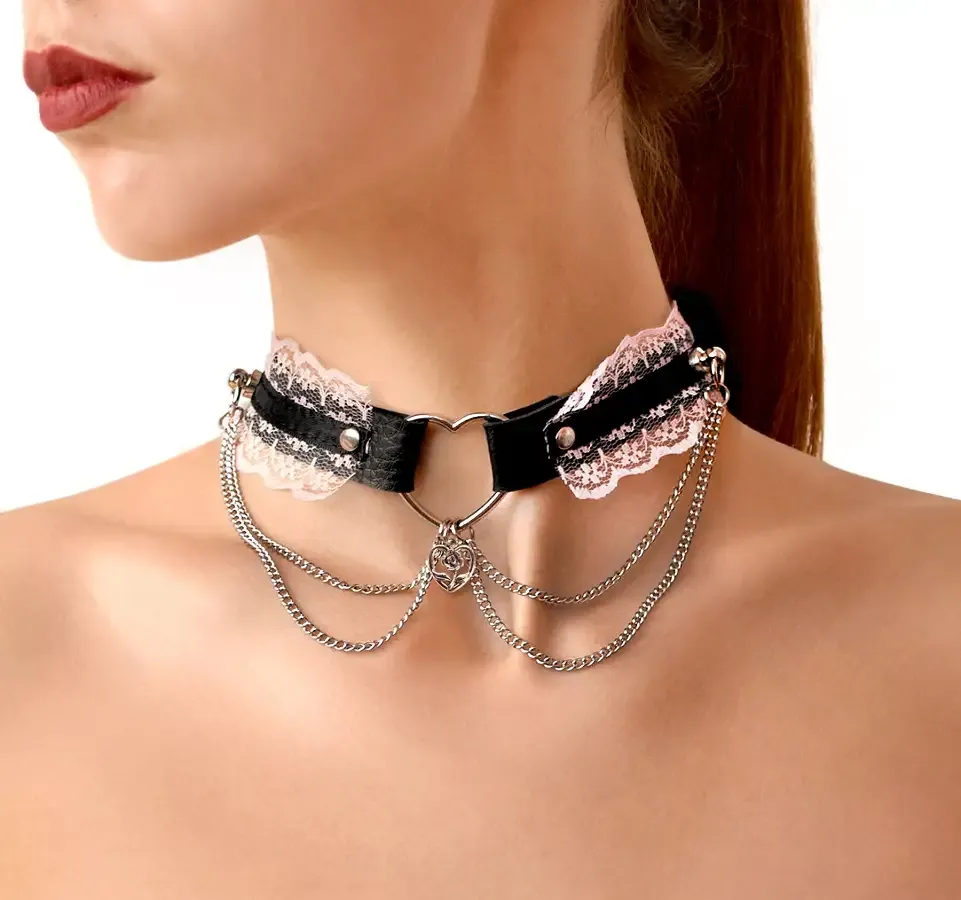Сексуальний чокер Art of Sex - Karen з натуральної шкіри, Чорно-рожевий Львів - фото 1