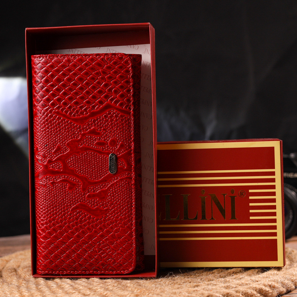 Яскравий лакований гаманець для жінок із натуральної фактурної шкіри Червоний (CANPELLINI) Київ - фото 4