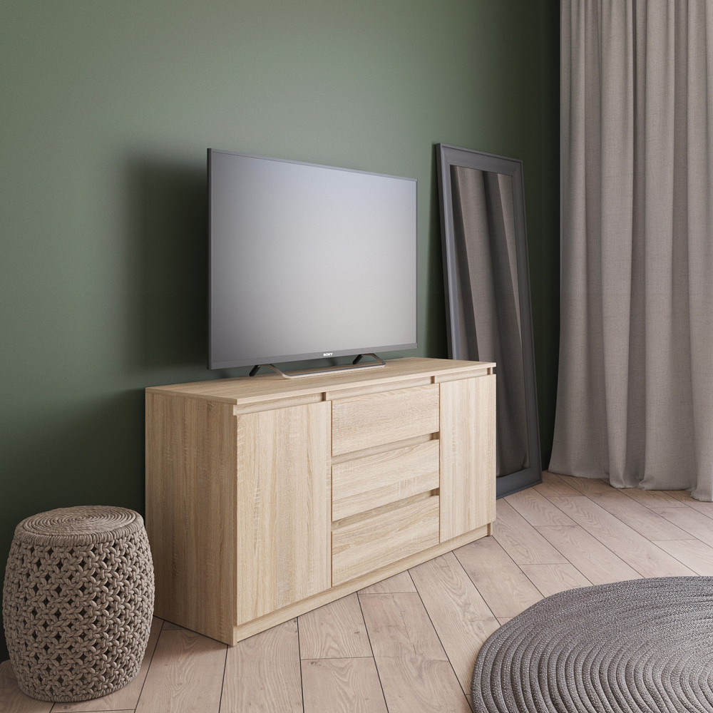 Комод під телевізор VAYS R-15 Дуб Сонома, 3 шухляди та 2 відділення з полицями, без ручок, ЛДСП, 140×40×75 см - для спальні, вітальні Львів - фото 1