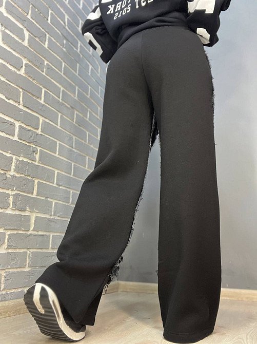 Джинсы женские I8 80085-186 комбинированные с трикотажем рваные палаццо талия на резинке флис черный Одесса - изображение 3