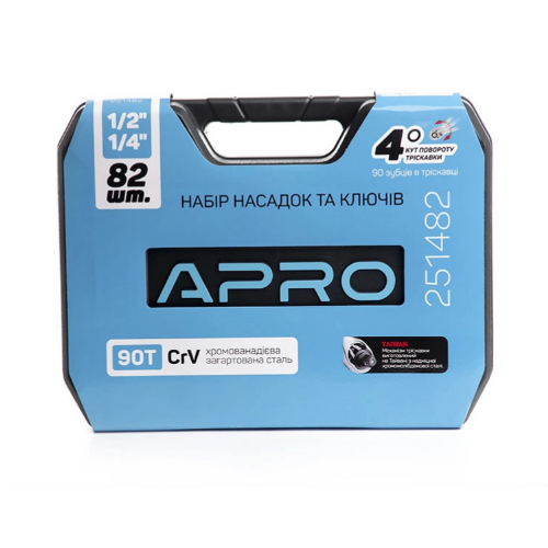 Набір насадок та гайкових ключів 90T 1/4"; 1/2" CrV 82 шт. APRO Житомир