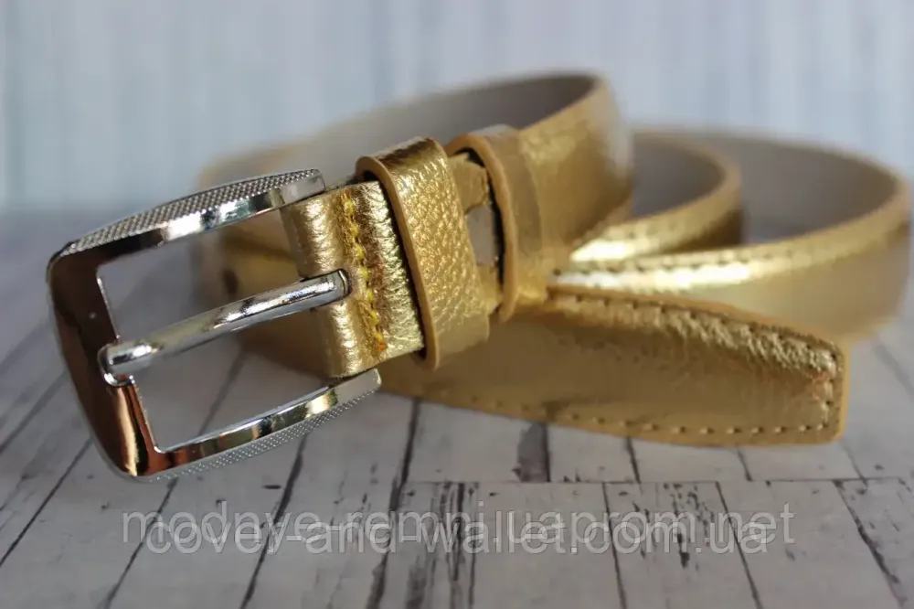 Стильний жіночий ремінь із натуральної шкіри золотистого кольору 35мм PS Leather Київ - фото 1