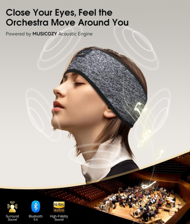 Бездротові навушники-пов'язка MUSICOZY Bluetooth 5.4 для сну та спорту, HD Stereo, 40 мм, до 14 годин, USB-C, сірі Київ