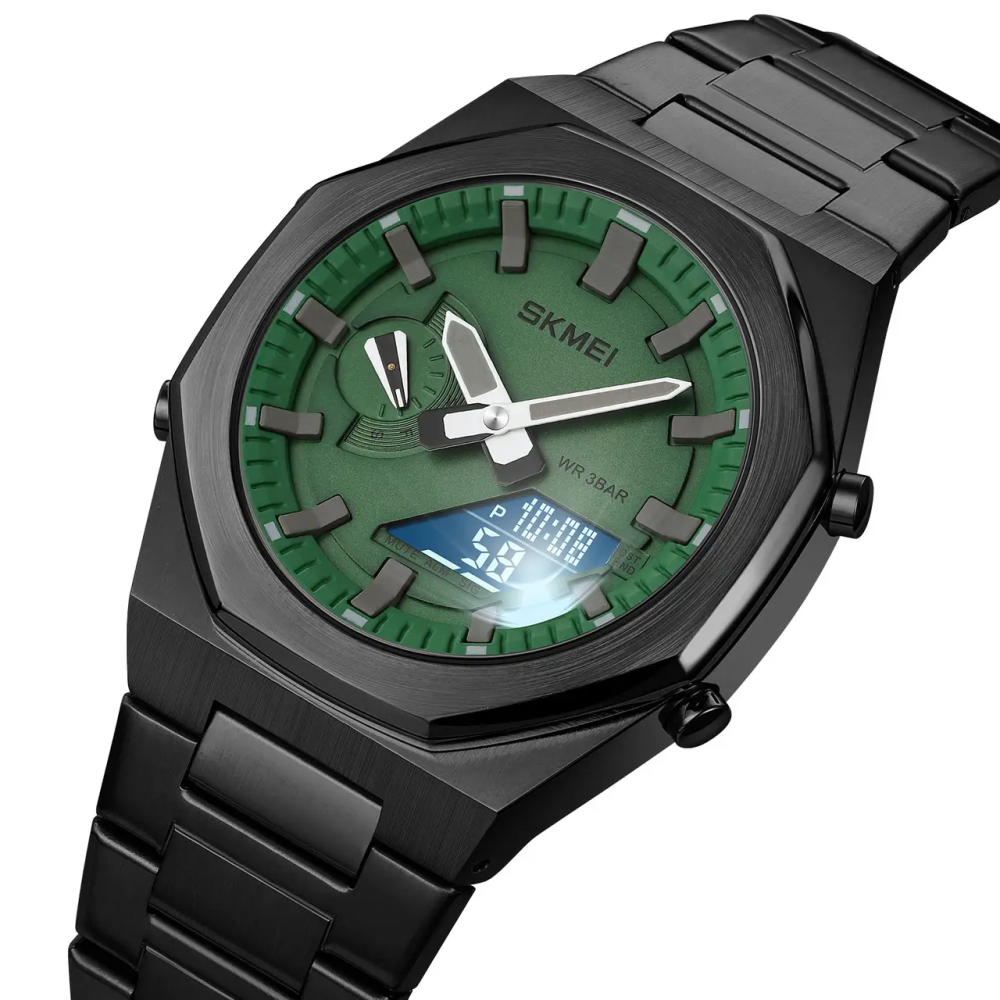 Чоловічий наручний годинник на сталевому браслеті Skmei 1816 (Чорний із зеленим та чорним циферблатом) Вінниця - фото 3