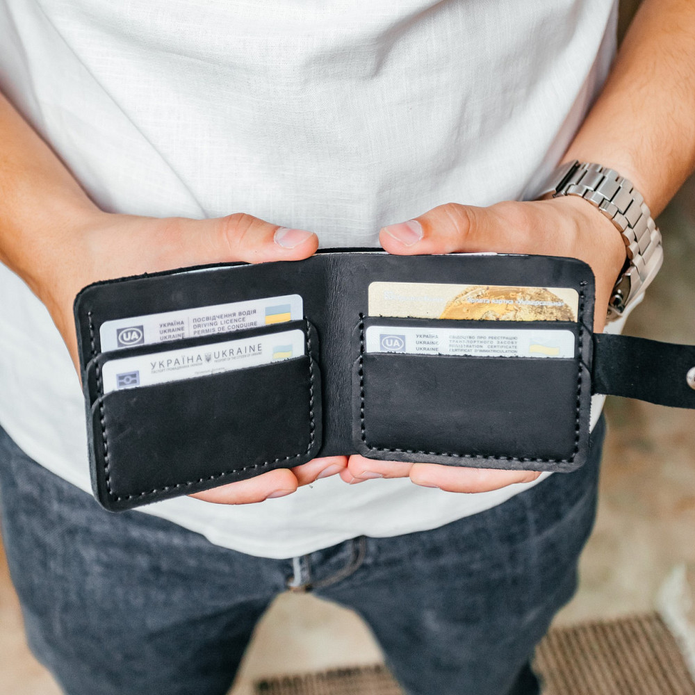 Гаманець чоловічий з натуральної шкіри Crazy Horse, місткий гаманець на кнопці, чорнийMasterSem Київ - фото 2