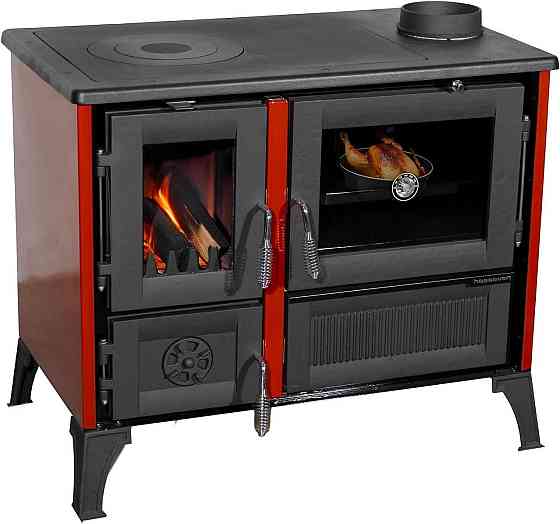 Піч-кухня чавунна на дровах Hosseven 4013 червона опалювально-варильна буржуйка 8 кВт до 60 м2 верхній димохід Туреччина Київ