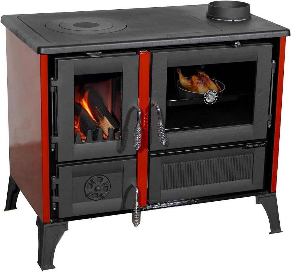 Піч-кухня чавунна на дровах Hosseven 4013 червона опалювально-варильна буржуйка 8 кВт до 60 м2 верхній димохід Туреччина Тернопіль - фото 1