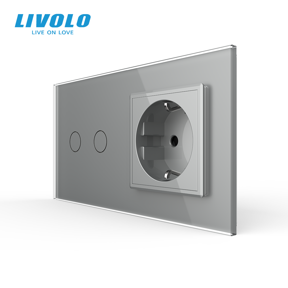 LIVOLO Сенсорний прохідний/перехресний вимикач 2 сенсора 1 розетка Livolo сірий скло (VL-C702S/ Коломыя - изображение 1