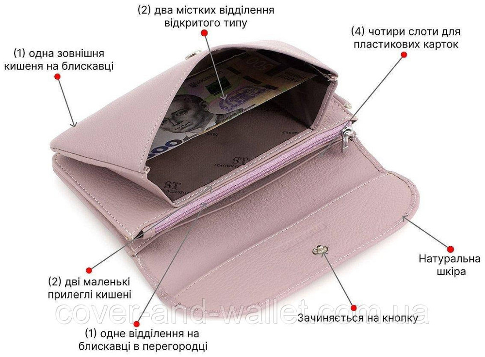 Пудровый длинный женский кошелек-клатч из натуральной кожи ST 023 Pink Киев - изображение 8