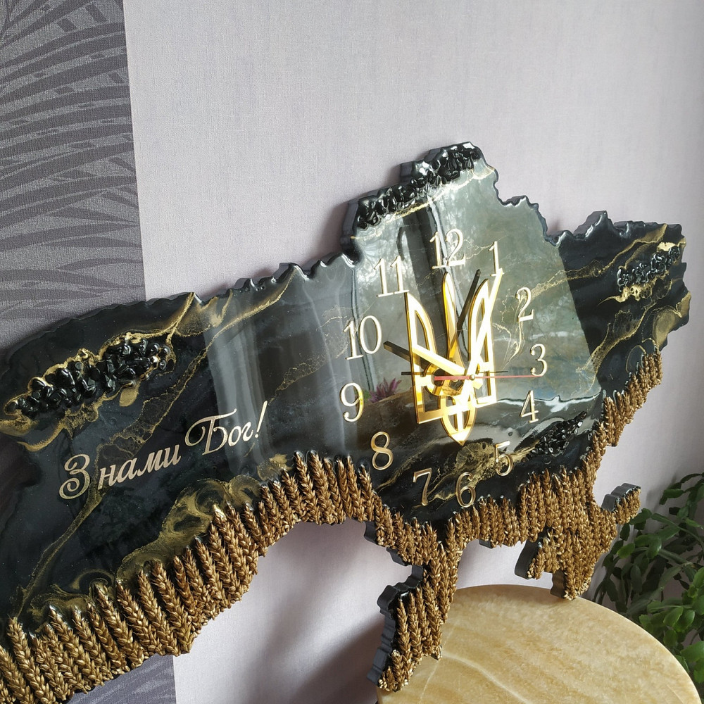 Годинник настінний 40 * 25 см з епоксидної смоли ручної роботи "Карта України" з колоками та гербом Дніпро - фото 7