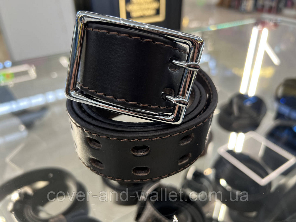 Коричневий чоловічий перфорований ремінь з пряжкою на дві спиці 40 мм PS Leather Київ - фото 4