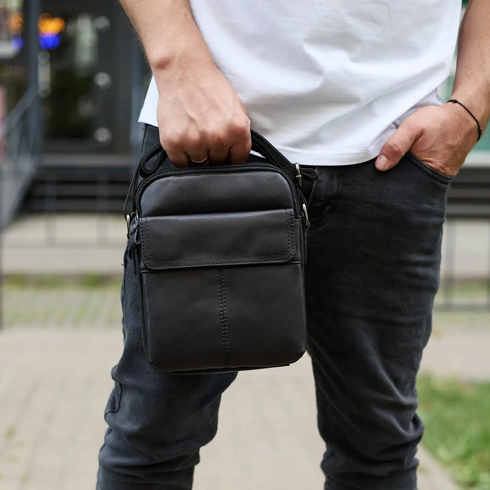 Чоловіча чорна шкіряна сумка-месенджер Шкіряний чоловічий месенджер чорний Tiding Bag Київ - фото 5