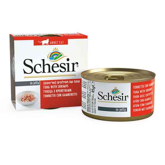 Schesir Tuna with Shrimps ШЕЗИР ТУНЕЦ С КРЕВЕТКАМИ в желе полнорационный влажный корм консервы для котов, банка 85г Киев