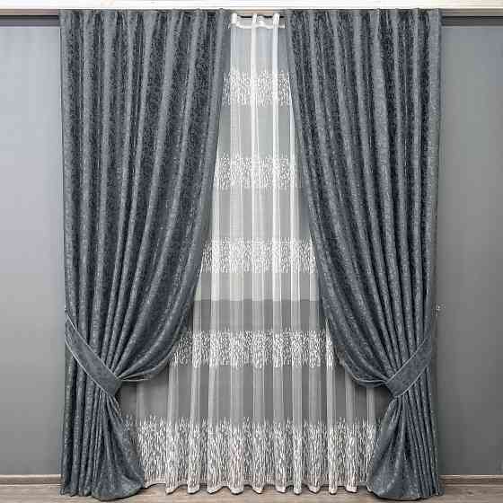 Комплект штор VR-Textil Льон Мармур 200х270 2шт і Тюль 600х270 1262ш-1675т Графітовий з білим 71-166/7 Київ