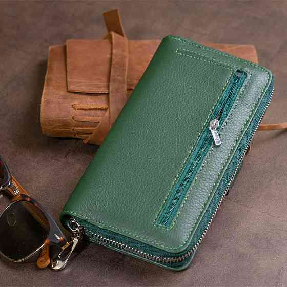 Вертикальний місткий гаманець зі шкіри унісекс Зелений (ST Leather) Київ