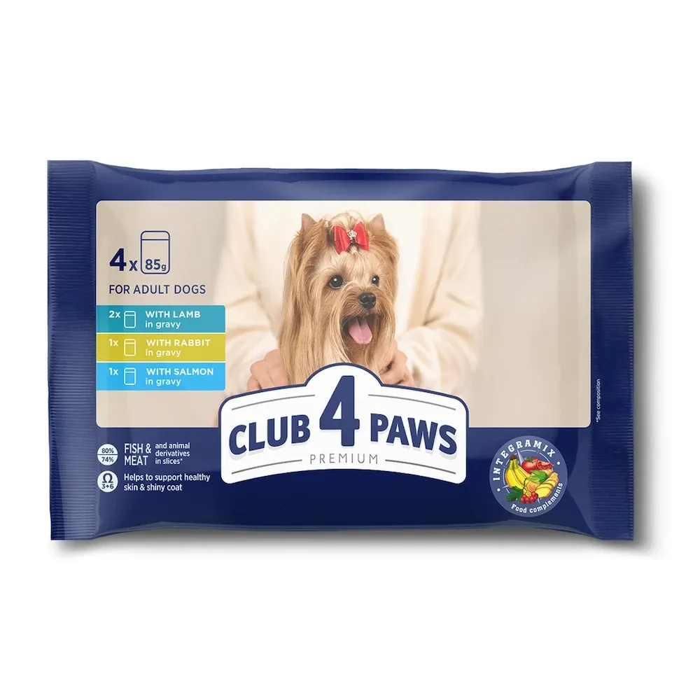 Набір вологого корму для дорослих собак малих порід CLUB 4 PAWS Клуб 4 лапи з ягням, кроликом та лососем (набір 4 шт × 85 г) Вінниця - фото 1