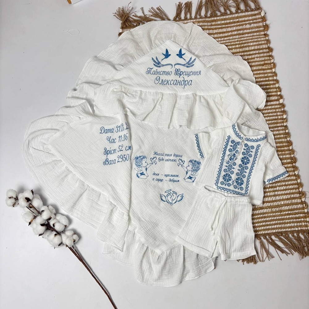 Комплект для хрещення хлопчика з мусліну (зручно з вишивкою, сорочка вишита + шорти) 80 Кам'янець-Подільський - фото 1