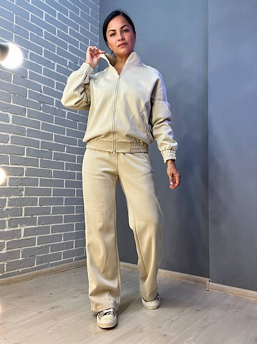 Костюм женский A-N 2738 свитшот на молнии и брюки равны от бедра с лампасом бежевый, бежевый, M Киев - изображение 3