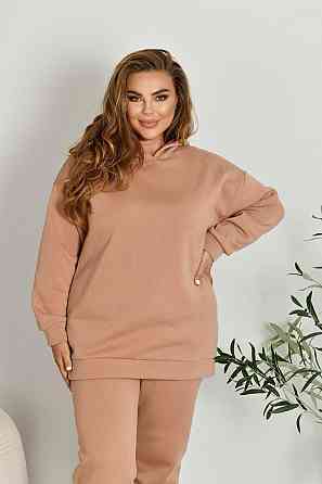 Женский прогулочный костюм: худи и штаны батал в спортивном стиле трехнитка на флисе Беж, 52/54 Одесса