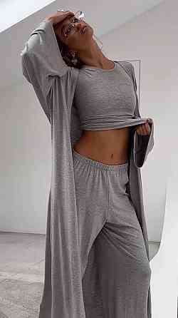 Женский базовый повседневный костюм тройка: кардиган лонгслив и штаны вискоза Меланж, 48/50 Одесса