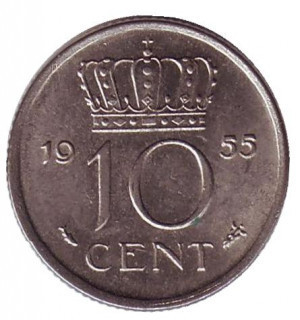 Монета 10 центів. 1955 рік, Нідерланди. Полтава - фото 1