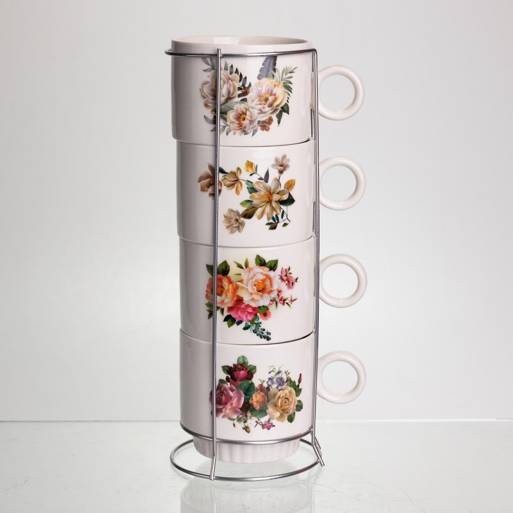 Набор чашек для чая и кофе на металлической подставке Flower 4 (шт) по 300 (мл) подарочный набор фарфоровых чашек FM-7 SBR Киев - изображение 2