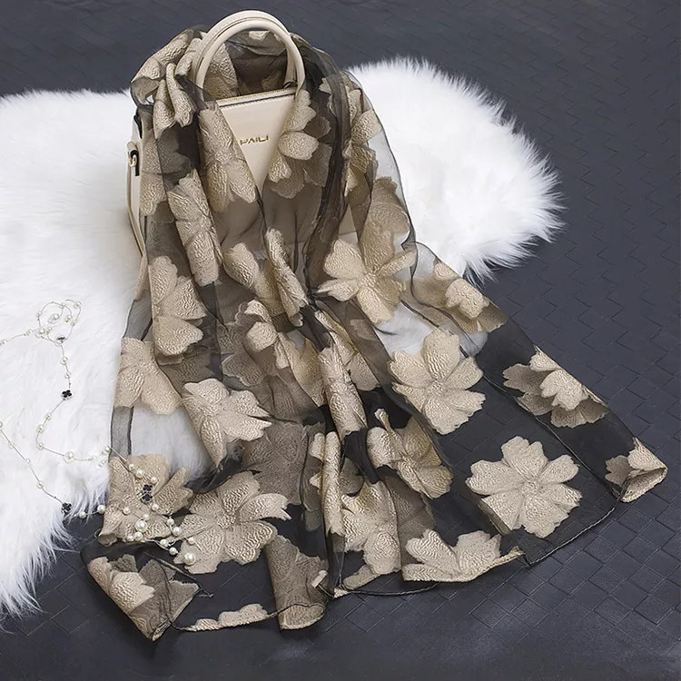 Женский шарфик с цветами 180 на 68 см бежево-черный Киев - изображение 1