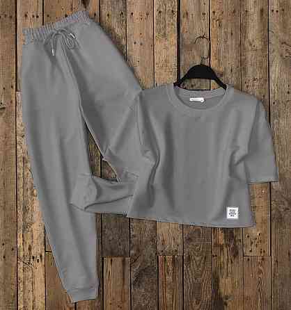 Жіночий прогулянковий костюм-двійка: укорочена футболка + джогери двонитка Сірий, 46/48 Одеса