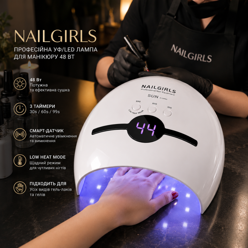 Профессиональная УФ/LED лампа для маникюра NAILGIRLS 48 Вт, портативная сушилка для гель-лака, смарт-датчик, 3 таймера, белая Киев - изображение 8