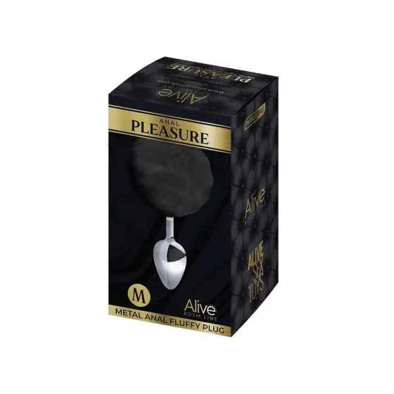 Металева анальна пробка Кролячий хвостик Alive Fluffy Plug M Black, діаметр 3,4 см Львів