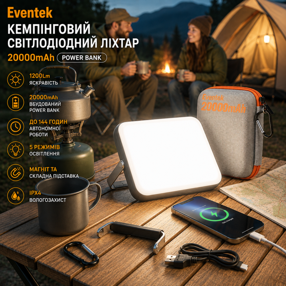 Кемпінговий світлодіодний ліхтар Eventek 20000mAh Power Bank, 1200Lm, до 144 годин, 5 режимів освітлення, LED лампа Київ - фото 11