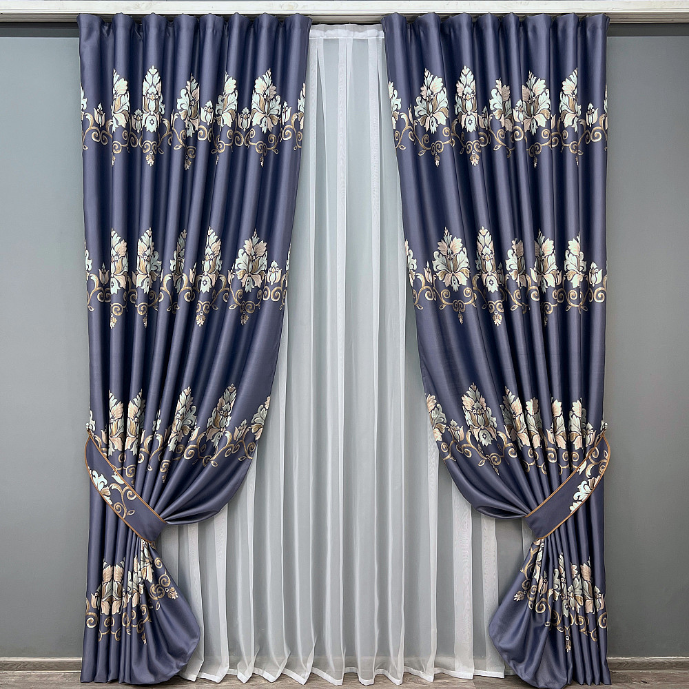 Комплект готових штор VR-Textil з вишивкою гладдю № 2053ш Синій 100х270 см 2шт (31-0043) Київ - фото 2