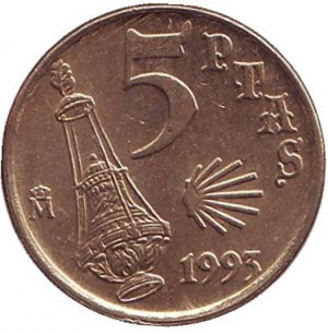 Рік Святого Якова. Апостол Яків. Монета 5 песет, 1993 рік, Іспанія.(Г) Полтава - фото 1