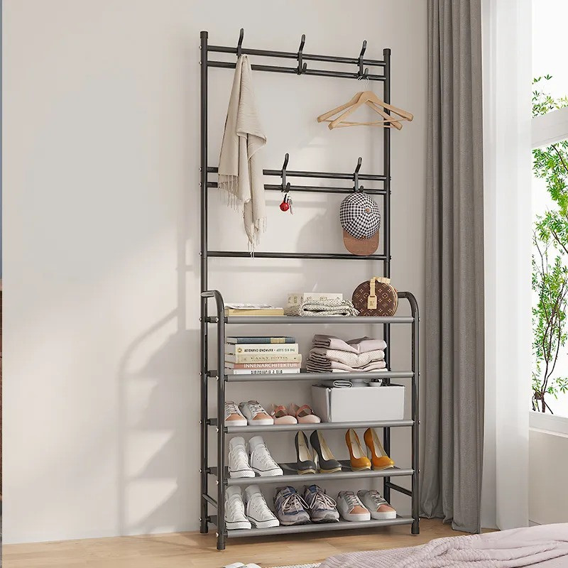 Поличка з вішаком для передпокою 25х60х150, Органайзер для взуття та одягу з 4 полицями, Чорного кольору Кам'янець-Подільський - фото 3