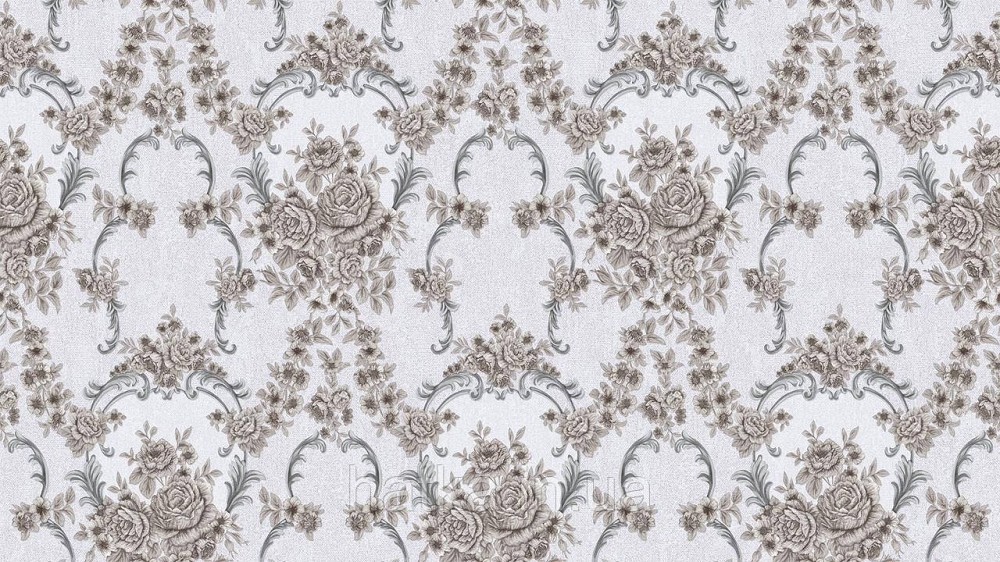 Шпалери метрові вінілові на флізеліні Sintra Classic класика квіти троянди завитки структурні коричневі срібло на сірому 445624 Київ - фото 1