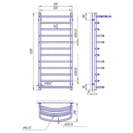 Водяной полотенцесушитель Laris Евромикс П12 500 x 1200 с полкой Киев