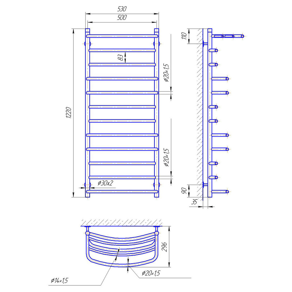 Водяной полотенцесушитель Laris Евромикс П12 500 x 1200 с полкой Киев - изображение 5