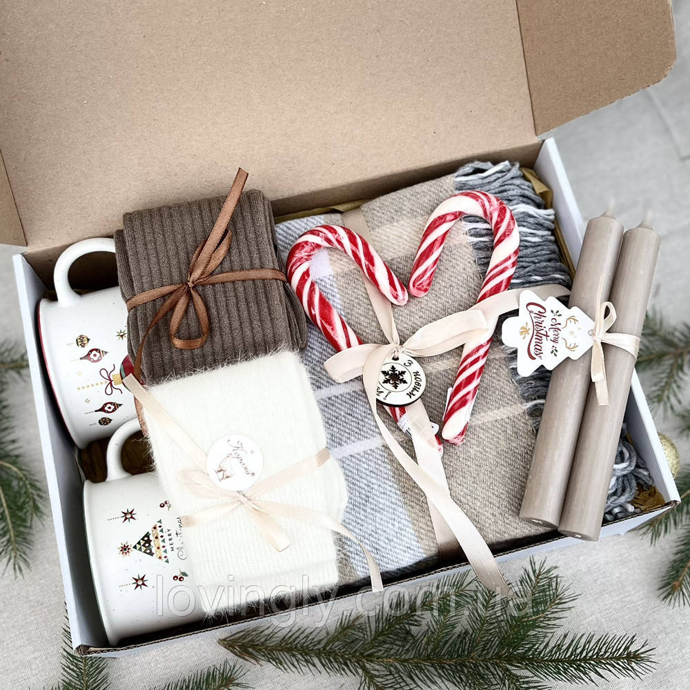 Новогодний набор для двоих: плед 140×180, 2 чашки, 2 свечи, 2 пары шерстяных носков Ирпень - изображение 2