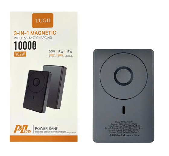 Power Bank TUGII Y02W 10000 мАг, PD 20Вт, QC 22.5Вт, MagSafe, 3 в 1, швидка зарядка Одеса