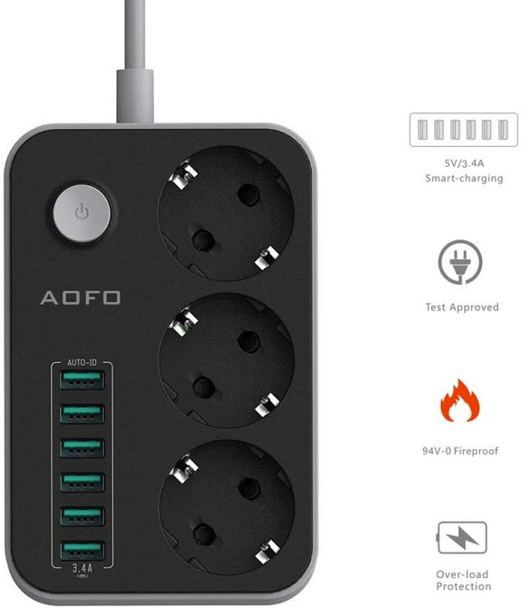 Подовжувач з 3 розетками та 6 USB-портами AOFO SE3631 Луцьк - фото 1