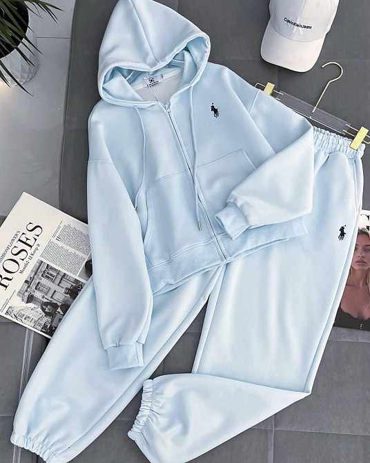Женский теплый прогулочный костюм двойка: кофта и штаны трехнитка на флисе Голубой, 46/48 Одесса - изображение 1