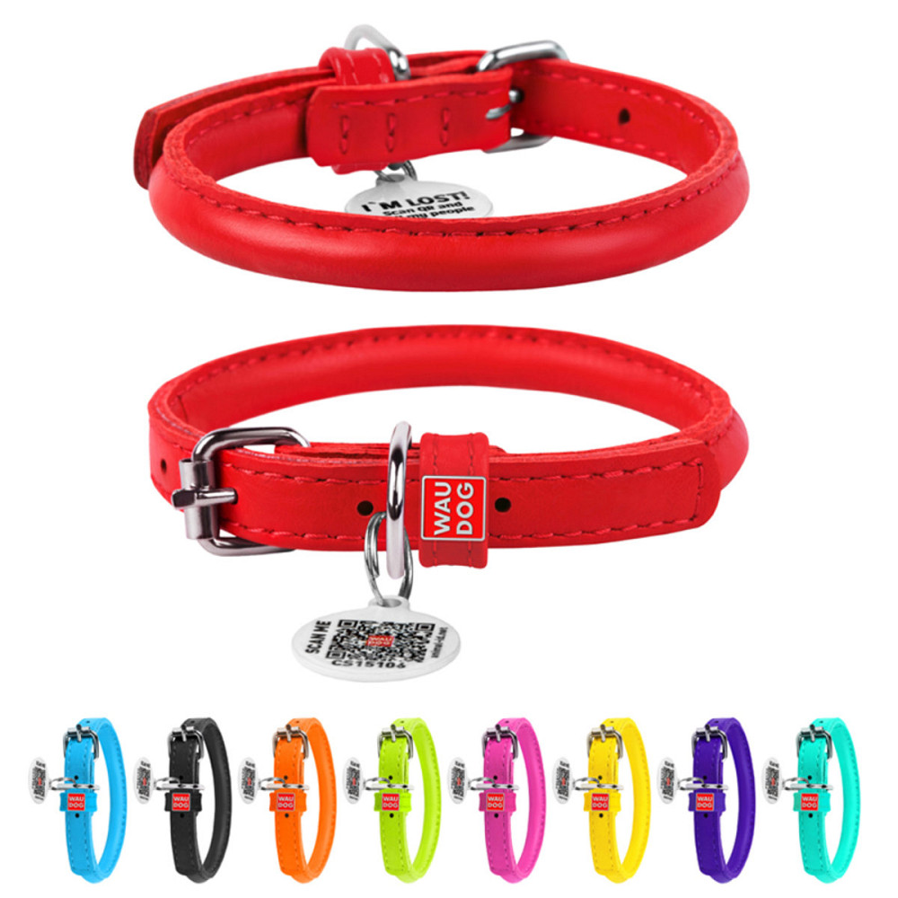 Ошейник для собак кожаный WAUDOG Glamour с QR паспортом, круглый, Д 8 мм, Длин 20-25 см красный Киев - изображение 1