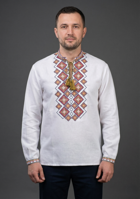 Мужская рубашка-вышиванка оранжево-красных оттенков на длинный рукав 46 Киев - изображение 3
