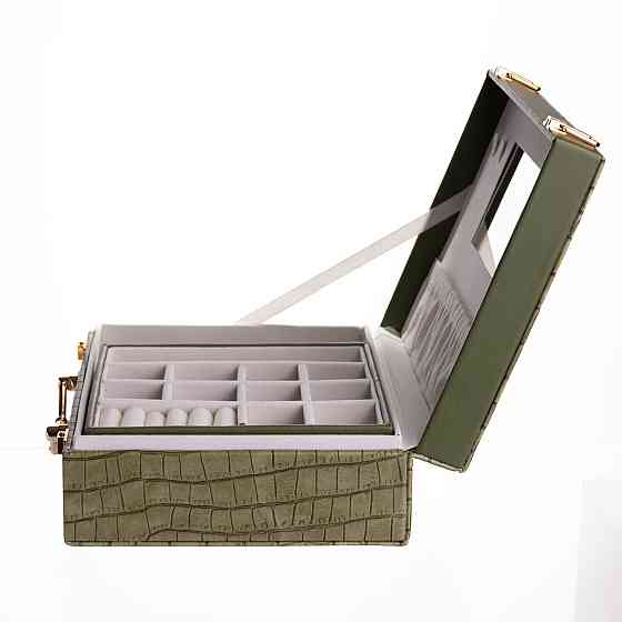 Скринька для прикрас з еко шкіри 19 відділень з дзеркалом 23.5×14×8 см Зелений HP-5-20GR Київ