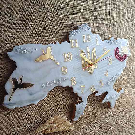 Годинник настінний 70*45 см з епоксидної смоли ручної роботи "Карта України" Дніпро