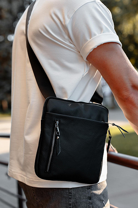 Сумка-мессенджер із натуральної шкіри, сумка через плече чоловіча SKILL Karter (Чорна) Суми - фото 2