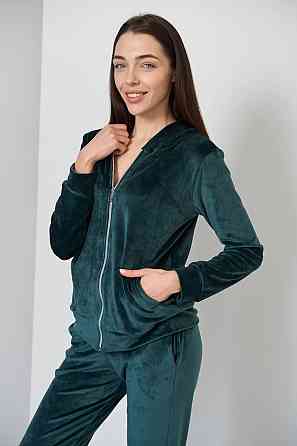 Женский велюровий костюм на змейке с капюшоном Изумрудный L Харьков